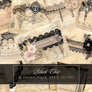 Shabby Chic Junk Journal Kit Schwarz Vintage Spitze Ephemera Collage Sheets Druckbare Beige Blume Digitales Papier Scrapbooking Perle Florale Seiten