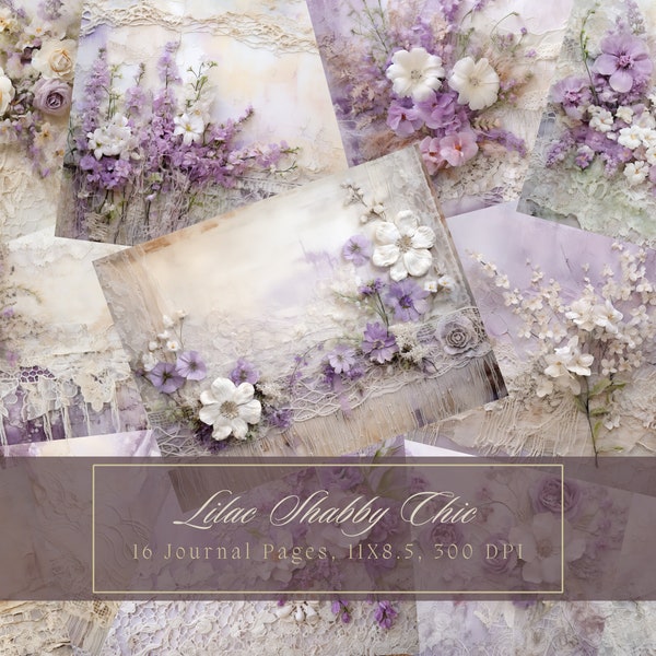 Vintage Lace Junk Journal Kit Shabby Chic Collage Lavender Sheets Printable Lilac Flower Digital Paper Scrapbooking Floral Pages Ephemera