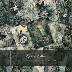 Green Collage Junk Journal Kit Emerald Floral Digital Paper Texture Grunge Sheets Scrapbooking Vintage Ephemera Shabby Lace Mixed Media Page
