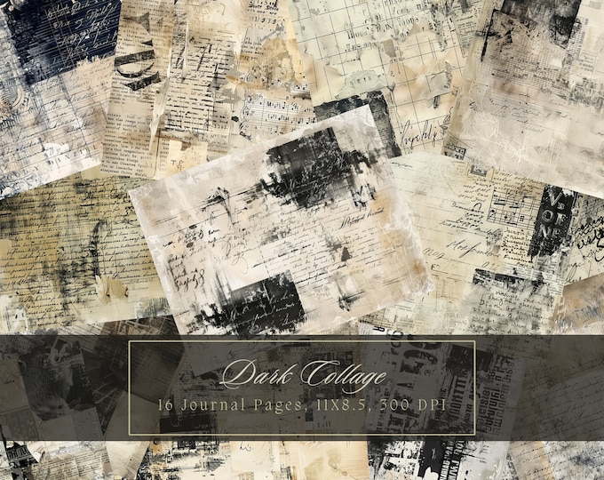 Dark Collage Junk Journal Kit Black Digital Paper Texture Grunge Sheets ...