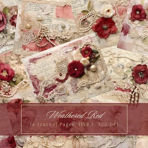 Shabby chic lixo diário kit vermelho vintage rendas efêmeras colagem folhas imprimíveis flor bege papel digital scrapbooking pérola páginas florais
