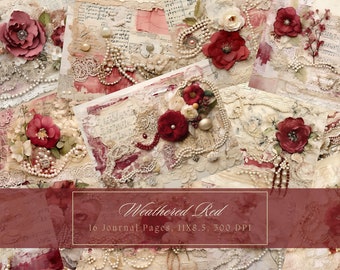 Shabby Chic Junk Journal Kit Red Vintage Lace Ephemera Collage Sheets Printable Beige Flower Digital Paper Scrapbooking Pearl Floral Pages