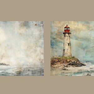 May include: Two vintage-style paintings of lighthouses on rocky shores. The lighthouses are white with red roofs and stand tall against a cloudy sky. The sea is choppy with waves crashing against the shore.