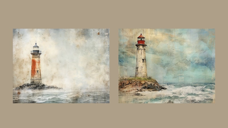 May include: Two vintage-style paintings of lighthouses on rocky shores. The lighthouses are white with red roofs and stand tall against a cloudy sky. The sea is choppy with waves crashing against the shore.
