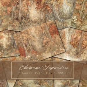 Watercolor Autumn Forest Junk Journal Kit Fall Trees Printable Digital Paper for Scrapbooking Orange Leaves Journal Pages Autumn Backgrounds