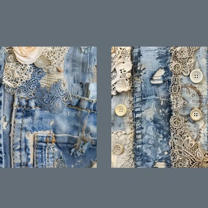 May include: Two pieces of fabric art featuring denim, lace, and buttons. The fabric is distressed and has a vintage look. The pieces are sewn together with a variety of stitches.