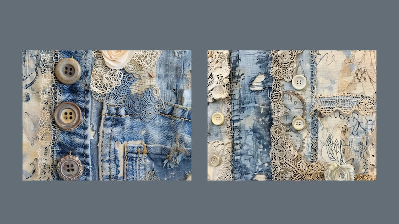 May include: Two pieces of fabric art featuring denim, lace, and buttons. The fabric is distressed and has a vintage look. The pieces are sewn together with a variety of stitches.