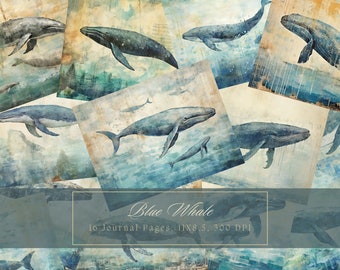 Blue Whale Junk Journal Kit Pagine Grunge Carta digitale vintage per Scrapbooking Pagina shabby stampabile Oceano Carta vittoriana con supporti misti