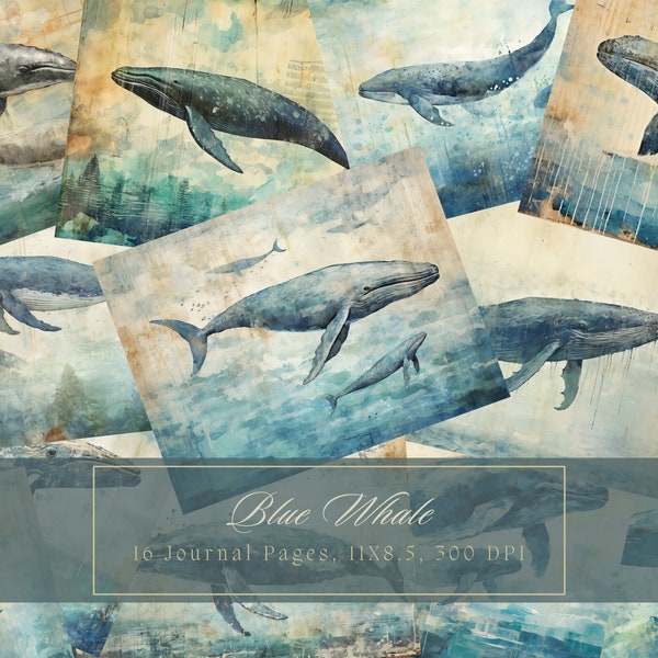 Blue Whale Junk Journal Kit Grunge Pages Vintage Digital Paper for Scrapbooking Printable Shabby Page Ocean Mixed Media Victorian Paper