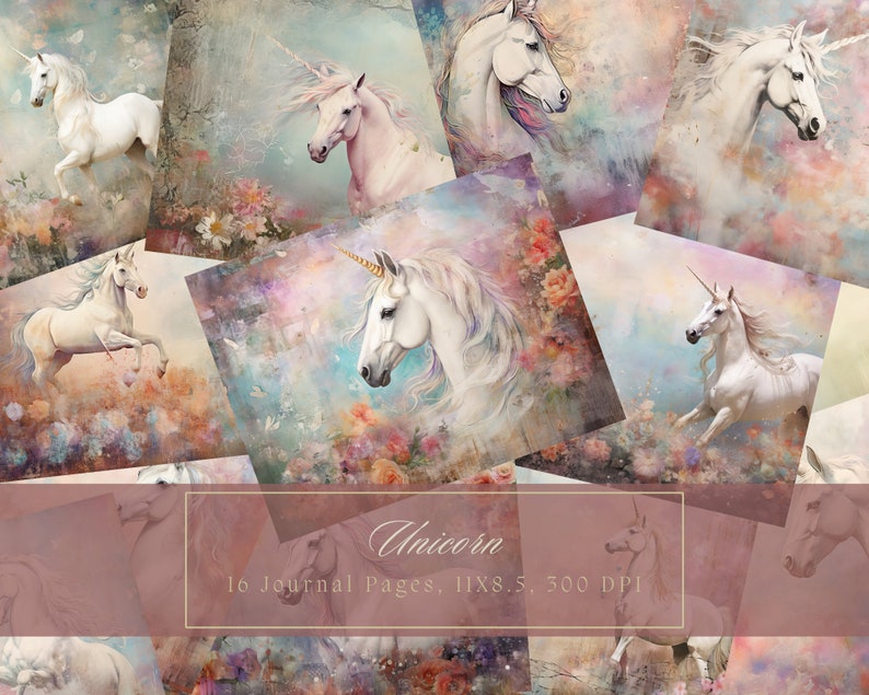 May include: A digital collage of 10 journal pages featuring white unicorns with gold horns in a whimsical, pastel floral setting. The text "Unicorn 10 Journal Pages 11x8.5 300 DPI" is at the bottom of the collage.