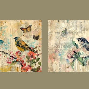 Watercolor Birds and Flowers Junk Journal Kit Vintage Ephemera Journal ...