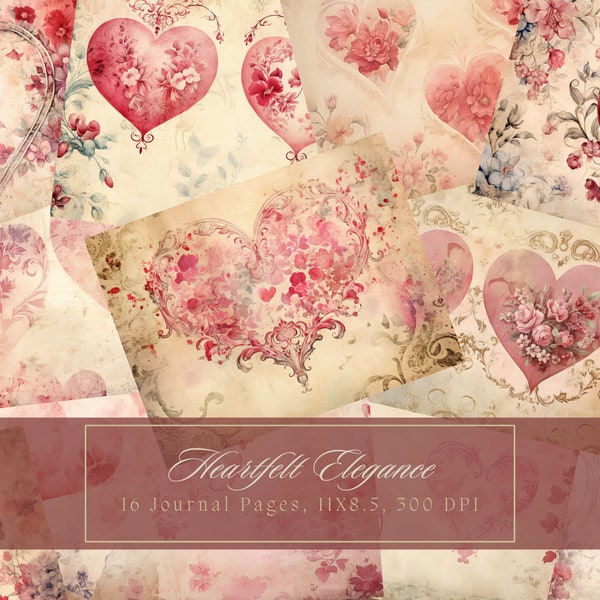 Watercolor Hearts Junk Journal Kit Floral Romance Digital Paper Scrapbooking Vintage Ephemera Romantic Journal Page Valentine Backgrounds