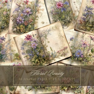 Kit di diario spazzatura di fiori selvatici Pagine di diario doppie floreali Fiore di carta digitale Scrapbooking Bouquet Pagine squallide Fiori Vecchio libro stampabile