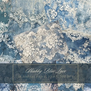Kit de journal vintage dentelle indésirable, feuilles de collage shabby chic, fleurs blanches imprimables, papier numérique, scrapbooking, pages florales, éphémères bleu délavé
