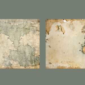 May include: Two vintage maps, one showing a close-up of Europe and the other showing a wider view of the world. Both maps are printed on aged paper with a worn and faded appearance.