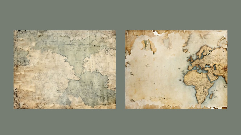 May include: Two vintage maps, one showing a close-up of Europe and the other showing a wider view of the world. Both maps are printed on aged paper with a worn and faded appearance.