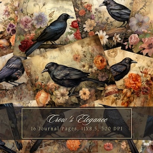Kit de journal indésirable corbeaux et fleurs corbeau journal éphémère vintage oiseaux papier numérique pour scrapbooking feuilles de collage imprimable shabby chic