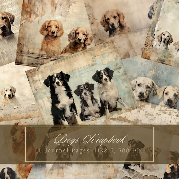 vintage Dogs Junk Journal Kit Grunge Pages Dog Papier numérique pour Scrapbooking Imprimable Shabby Page Puppy Mixed Media Papier victorien