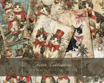 Christmas Cats Junk Journal Kit Watercolor Winter Pages Cat Digital Paper Scrapbooking Printable Shabby Page Kitten Victorian Mixed Media