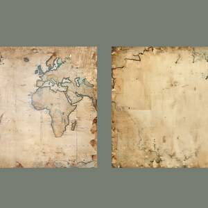 May include: Two vintage world maps on paper, one with faded blue lines and the other with faded black lines. Both maps are on a beige background.