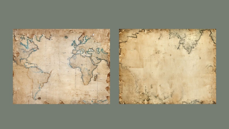 May include: Two vintage world maps on paper, one with faded blue lines and the other with faded black lines. Both maps are on a beige background.