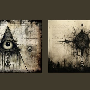 May include: Two black and white illustrations with a dark, gothic, and occult theme. The first image features an all-seeing eye inside a triangle with dripping black paint. The second image features a compass with a clock face and a black, spidery design.