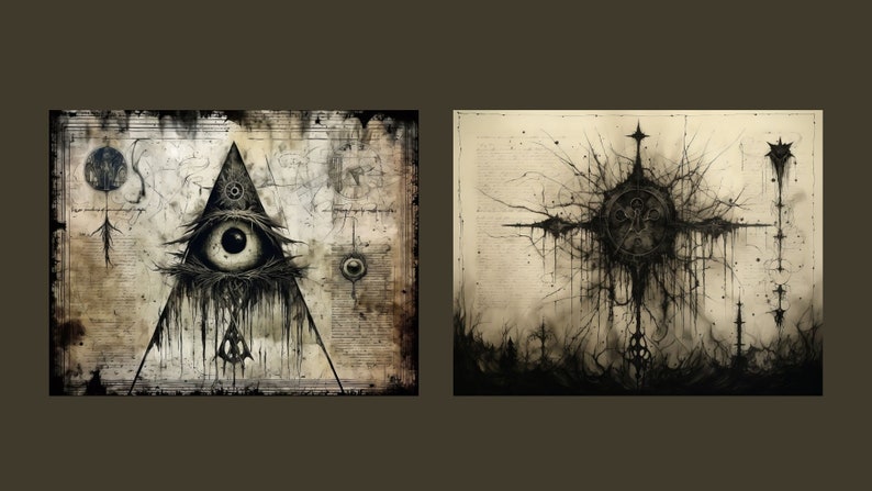 May include: Two black and white illustrations with a dark, gothic, and occult theme. The first image features an all-seeing eye inside a triangle with dripping black paint. The second image features a compass with a clock face and a black, spidery design.