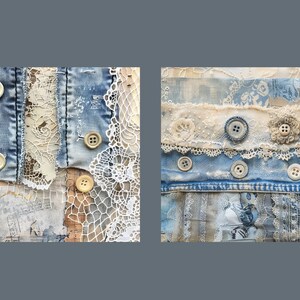 May include: Two pieces of fabric art featuring a patchwork of denim, lace, and buttons. The left piece has a more abstract design, while the right piece has a more structured design with a white fabric flower.