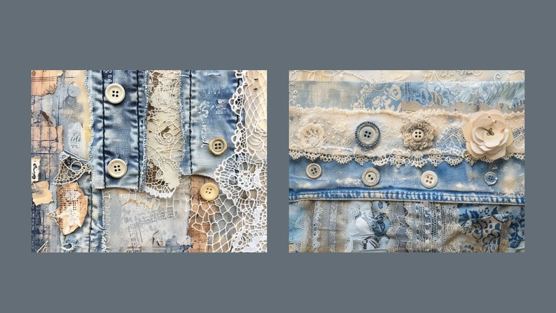 May include: Two pieces of fabric art featuring a patchwork of denim, lace, and buttons. The left piece has a more abstract design, while the right piece has a more structured design with a white fabric flower.
