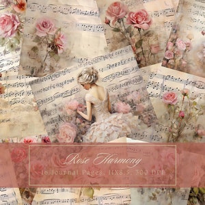 Pink Roses and Music Junk Journal Kit Floral Vintage Ephemera Journal Digital Paper for Scrapbooking Printable Shabby Pages Shabby Chic