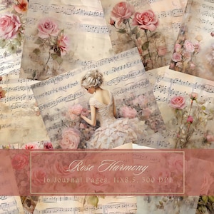 Rosas rosadas y música Junk Journal Kit Floral Vintage Ephemera Journal Papel digital para Scrapbooking Imprimible Shabby Pages Shabby Chic