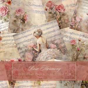 Pink Roses and Music Junk Journal Kit Floral Vintage Ephemera Journal Digital Paper for Scrapbooking Printable Shabby Pages Shabby Chic