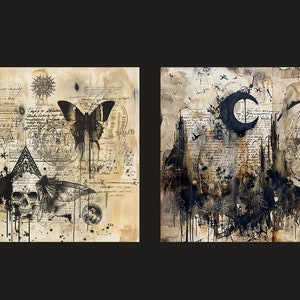 May include: Two abstract paintings on canvas with a vintage, aged paper background. The left painting features a skull with wings, a butterfly, and a compass. The right painting features a crescent moon, a compass, and a stylized cityscape.