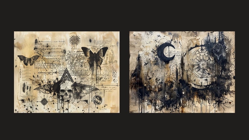 May include: Two abstract paintings on canvas with a vintage, aged paper background. The left painting features a skull with wings, a butterfly, and a compass. The right painting features a crescent moon, a compass, and a stylized cityscape.