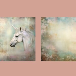 May include: A white unicorn with a long horn and flowing mane stands in a field of flowers. The background is a soft, pastel watercolor wash.