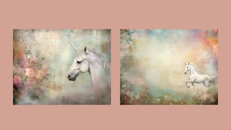 May include: A white unicorn with a long horn and flowing mane stands in a field of flowers. The background is a soft, pastel watercolor wash.