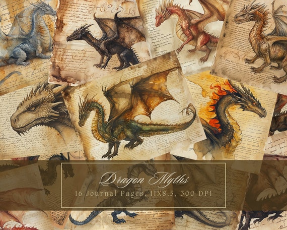 Dragon Junk Journal Kit Fantasy Journal Pages Printable Collage Sheet Dragons Digital Paper for Scrapbooking Fantastic Shabby Journal Page