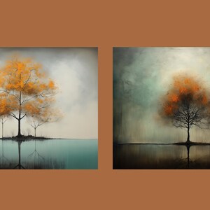 K&ouml;nnte beinhalten: Zwei Gem&auml;lde, die einen einzelnen Baum mit orangefarbenen Bl&auml;ttern in einer nebeligen Landschaft zeigen. Der Baum spiegelt sich im Wasser darunter wider. Die Gem&auml;lde sind &auml;hnlich, haben aber unterschiedliche Farbpaletten.