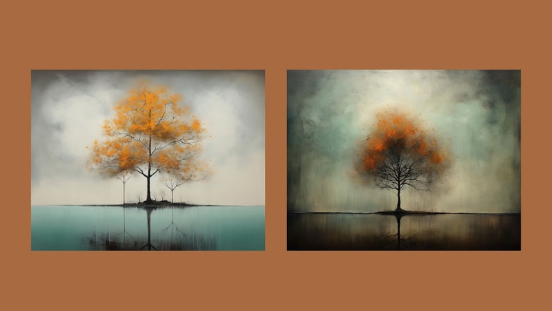 K&ouml;nnte beinhalten: Zwei Gem&auml;lde, die einen einzelnen Baum mit orangefarbenen Bl&auml;ttern in einer nebeligen Landschaft zeigen. Der Baum spiegelt sich im Wasser darunter wider. Die Gem&auml;lde sind &auml;hnlich, haben aber unterschiedliche Farbpaletten.