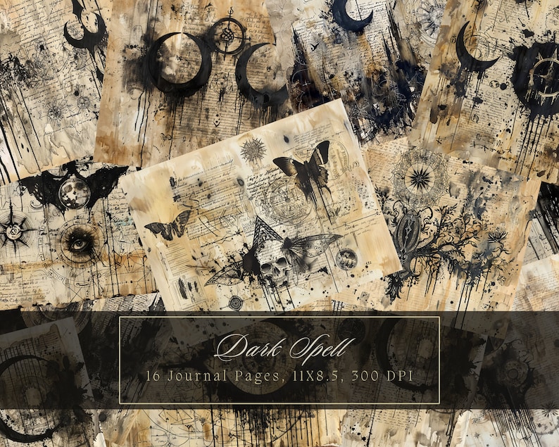 May include: A set of 16 digital journal pages with a dark, gothic aesthetic. The pages feature black ink illustrations of butterflies, skulls, moons, and other mystical symbols on a textured, aged paper background. The text "Dark Spell" is displayed at the bottom of the image.