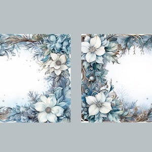 May include: Two watercolor illustrations of winter floral wreaths with white flowers and blue leaves. The wreaths are on a white background with a light blue watercolor wash.