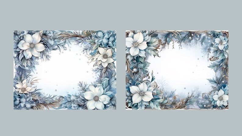 May include: Two watercolor illustrations of winter floral wreaths with white flowers and blue leaves. The wreaths are on a white background with a light blue watercolor wash.