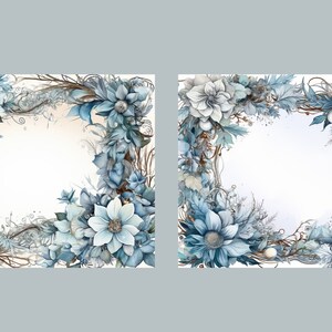 May include: Two watercolor illustrations of floral wreaths with blue and white flowers. The wreaths are arranged in a square shape with a white background.