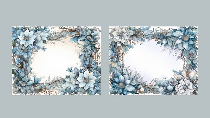 May include: Two watercolor illustrations of floral wreaths with blue and white flowers. The wreaths are arranged in a square shape with a white background.