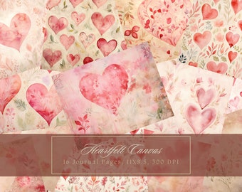 Könnte beinhalten: Ein Set mit 16 digitalen Journal-Seiten mit Aquarellherzen und floralen Designs in Rosa- und Rottönen auf cremefarbenem Hintergrund. Der Text "Heartfelt Canvas" und "16 Journal Pages, 11x8.5, 300 DPI" ist auf dem Bild zu sehen.