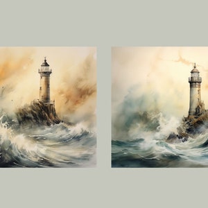 May include: Two watercolor paintings of a lighthouse on a rocky island in a stormy sea. The lighthouse is white with a black roof and a red light at the top. The sea is a dark blue with white waves crashing against the rocks. The sky is a light blue with white clouds.