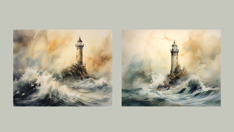 May include: Two watercolor paintings of a lighthouse on a rocky island in a stormy sea. The lighthouse is white with a black roof and a red light at the top. The sea is a dark blue with white waves crashing against the rocks. The sky is a light blue with white clouds.
