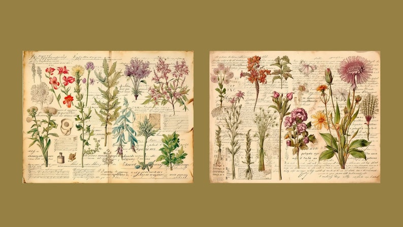 Botanical Herbs Junk Journal Kit Botany Collage Sheet Herbal Digital Paper Scrapbooking Watercolor Plant Vintage Ephemera Apothecary Pages image 3