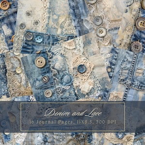 Ensemble de carnets de voyage en denim, mélange de textiles, feuilles de collage, patchwork, papier numérique pour scrapbooking, dentelle, pages imprimables vintage éphémères shabby chic