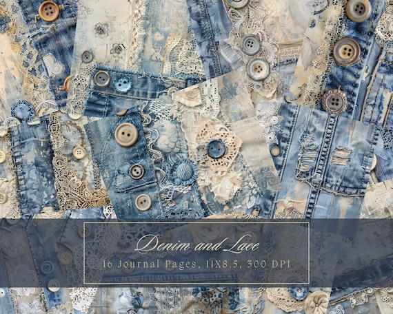 Denim Junk Journal Kit Textile Mix Collage Sheets Patchwork Digital Paper for Scrapbooking Lace Vintage Ephemera Shabby Chic Printable Pages